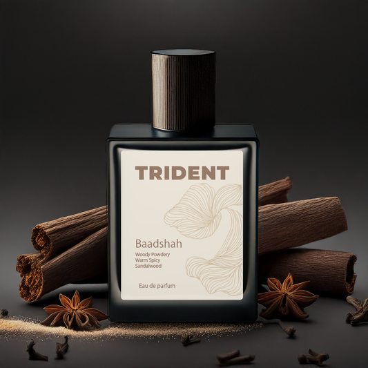 Trident eau de parfum bottle with cinnamon sticks and star anise on a dark background