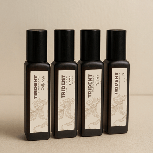 Bloom Bouquet 4 Pack 20 ML Trident Perfumes Bottles Standing Next to Each Other