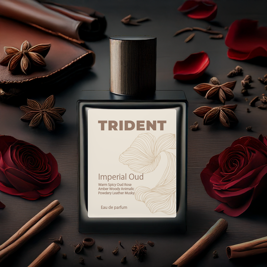 Trident Imperial Oud perfume bottle surrounded by red roses and spices on a dark surface