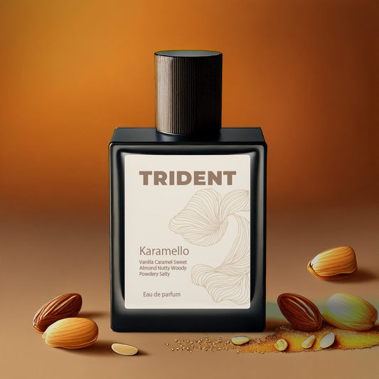 TRIDENT Karamello perfume bottle with almonds on a brown background