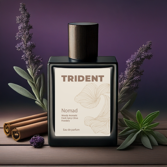 Trident Nomad eau de parfum bottle with lavender and cinnamon sticks on a wooden surface.