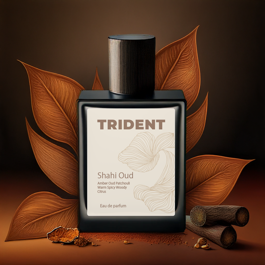 Trident Shahi Oud perfume bottle with decorative elements on a brown background