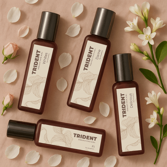 Bloom Bouquet 4 Pack 20 ML Trident Perfumes Bottles surrounded by flower petals 