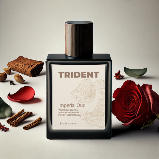 Trident Imperial Oud perfume bottle with red rose and spices on a light background