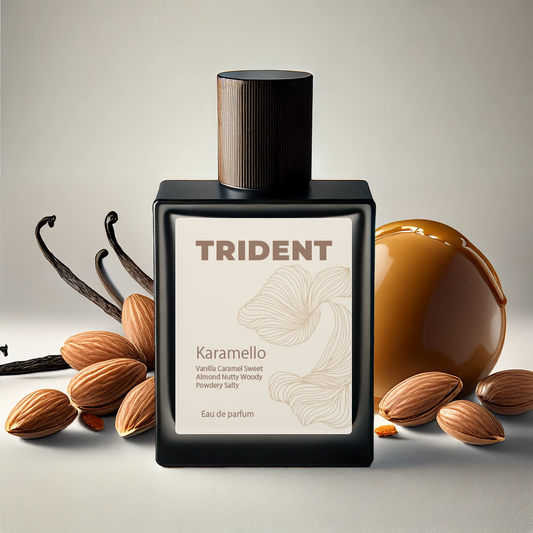 Trident Karamello perfume bottle with vanilla beans, almonds, and a chocolate sphere on a neutral background