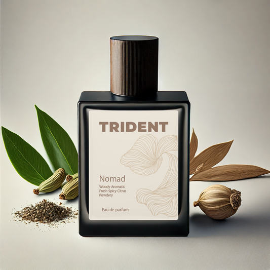 Trident Nomad eau de parfum bottle with botanical elements on a neutral background