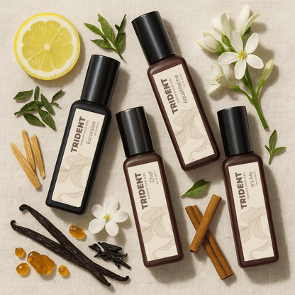 Office Elegance 4 pack 20ml bottles by trident perfumes surrounded by cinnamon sticks, woodbarks, flowers, citrus lemon and leaves