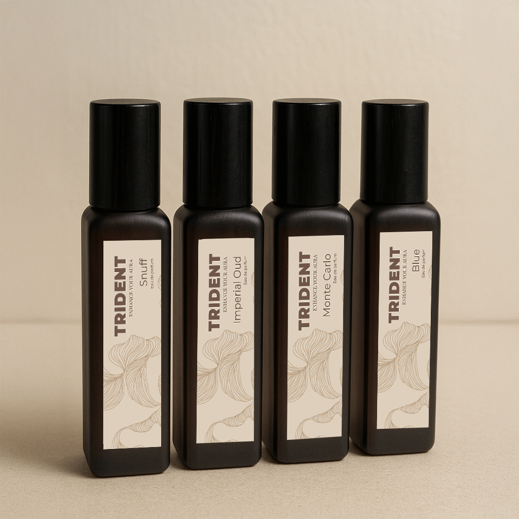 Power Night Pack Bundle of 4 20 ML bottles from Trident Perfumes Standing next to each other