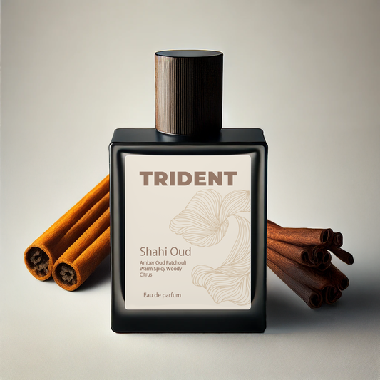 Trident Shahi Oud perfume bottle with cinnamon sticks on a beige background