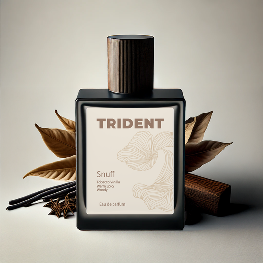 Trident eau de parfum bottle with decorative elements on a neutral background
