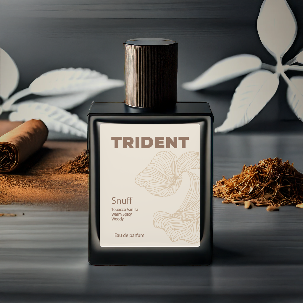 Trident snuff eau de parfum bottle with leaves and tobacco on a dark background