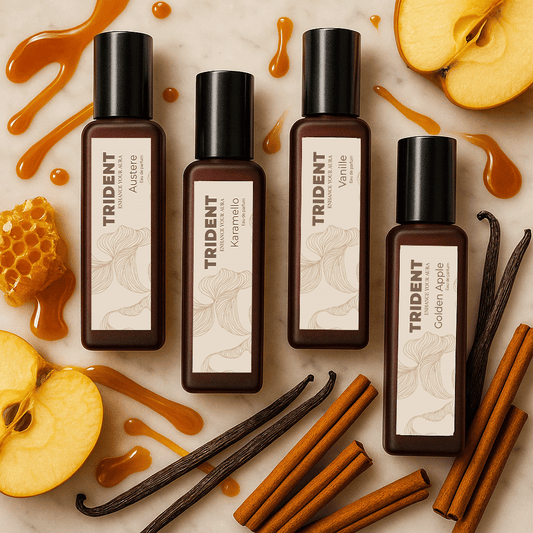 Sweet Indulgence 4 pack 20 ML bottles surrounded by caramel, honey, apple and cinnamon sticks